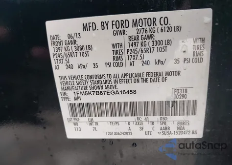 2014 Ford Explorer z USA, uszkodzony, nr VIN 1FM5K7B87EGA16458